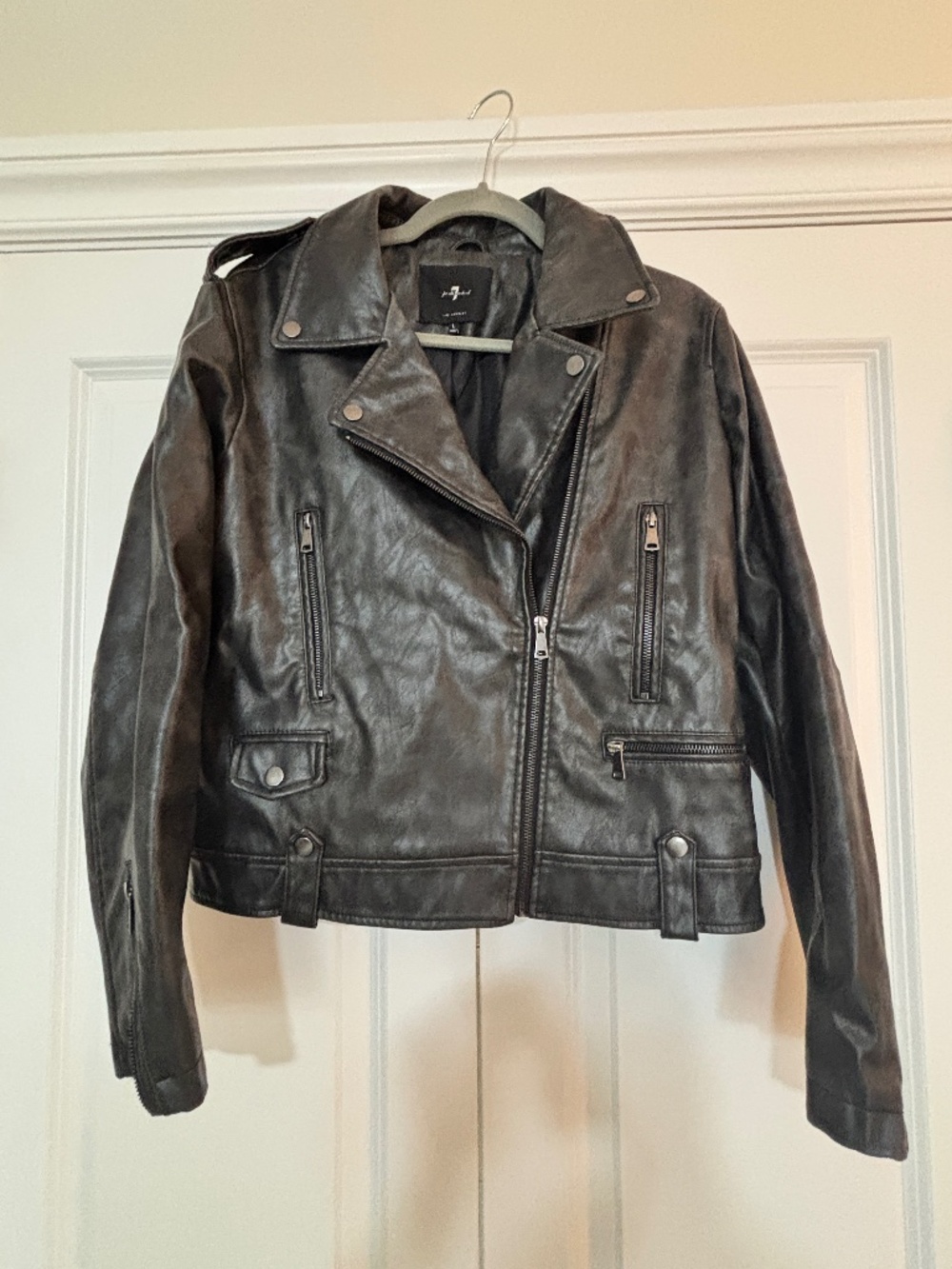 7 For All Mankind Black Faux Leather Moto Jacket Size L